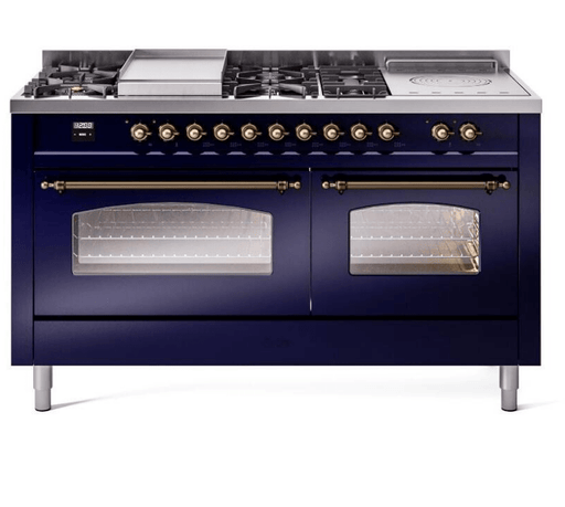 ILVE Nostalgie II 60" Dual Fuel Natural Gas Range, Blue, Bronze Trim UP60FSNMPMBB ILVE