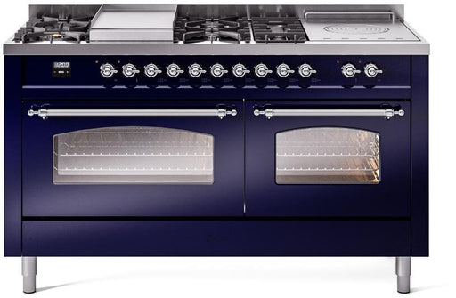 ILVE Nostalgie II 60" Dual Fuel Natural Gas Range, Blue, Chrome Trim UP60FSNMPMBC ILVE