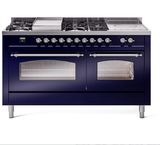 ILVE Nostalgie II 60" Dual Fuel Liquid Propane Range, Blue, Chrome Trim UP60FSNMPMBCLP ILVE