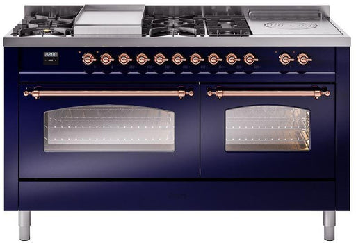 ILVE Nostalgie II 60" Dual Fuel Natural Gas Range, Blue, Copper Trim UP60FSNMPMBP ILVE