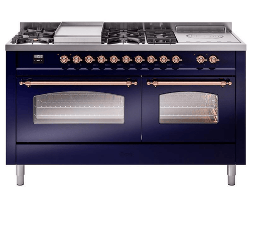 ILVE Nostalgie II 60" Dual Fuel Natural Gas Range, Blue, Copper Trim UP60FSNMPMBP ILVE