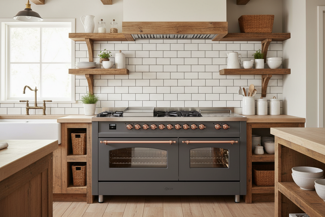 LVE Nostalgie II 60" Dual Fuel Liquid Propane Range, Matte Graphite, Copper Trim UP60FSNMPMGPLP