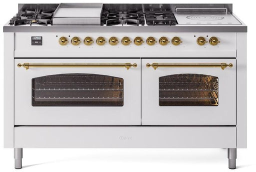 ILVE Nostalgie II 60" Dual Fuel Natural Gas Range, White, Brass Trim UP60FSNMPWHG - Farmhouse Kitchen and Bath