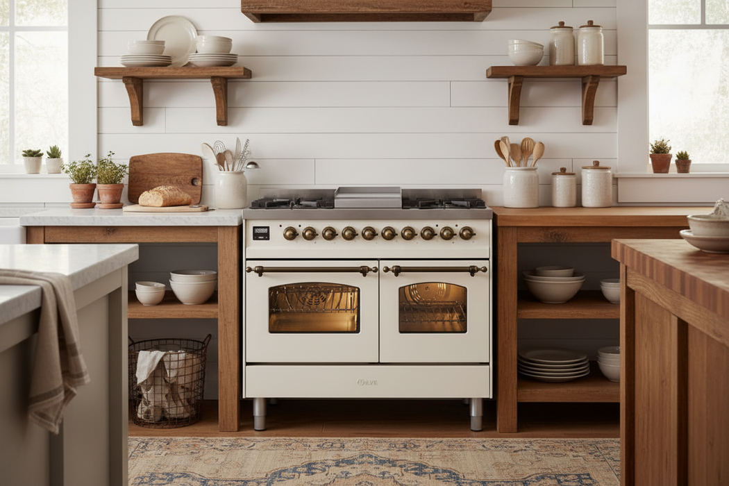 ILVE Nostalgie II 40" Dual Fuel Liquid Propane Range, Antique White, Bronze Trim UPD40FNMPAWBLP