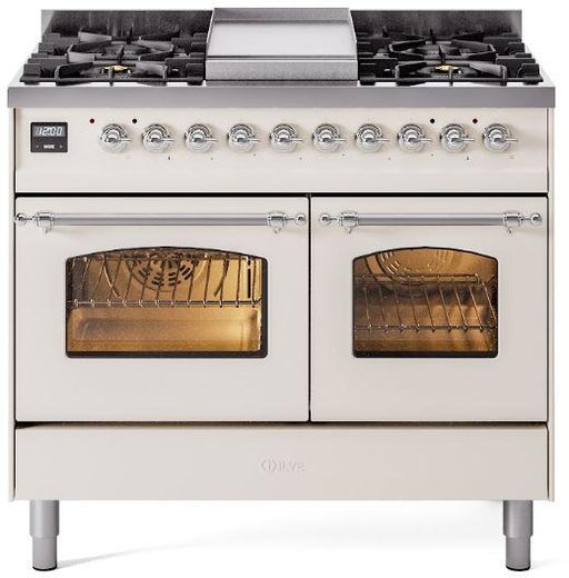 ILVE Nostalgie II 40" Dual Fuel Liquid Propane Range, Antique White, Chrome Trim UPD40FNMPAWCLP ILVE
