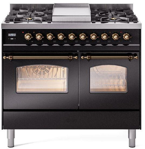 ILVE Nostalgie II 40" Dual Fuel Liquid Propane Range, Glossy Black, Bronze Trim UPD40FNMPBKBLP ILVE