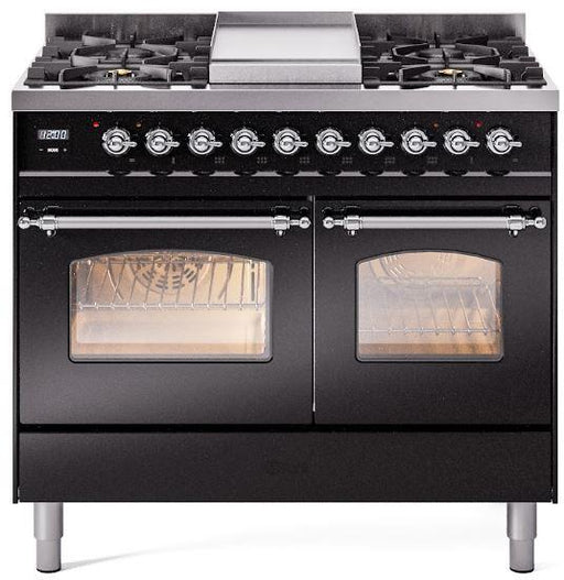 ILVE Nostalgie II 40" Dual Fuel Liquid Propane Range, Glossy Black, Chrome Trim UPD40FNMPBKCLP ILVE