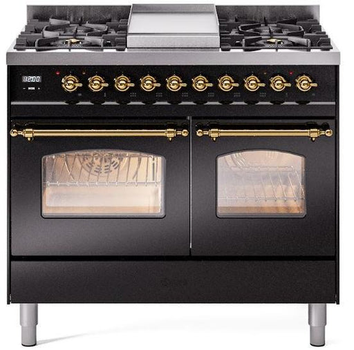 ILVE Nostalgie II 40" Dual Fuel Liquid Propane Range, Glossy Black, Brass Trim UPD40FNMPBKGLP ILVE