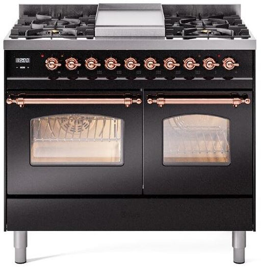 ILVE Nostalgie II 40" Dual Fuel Liquid Propane Range, Glossy Black, Copper Trim UPD40FNMPBKPLP ILVE