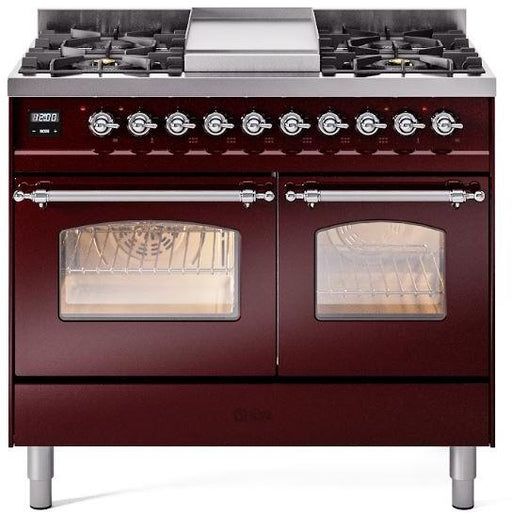 ILVE Nostalgie II 40" Dual Fuel Natural Gas Range, Burgundy, Chrome Trim UPD40FNMPBUC ILVE