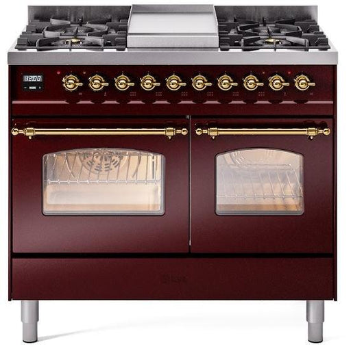 ILVE Nostalgie II 40" Dual Fuel Liquid Propane Range, Burgundy, Brass Trim UPD40FNMPBUGLP ILVE