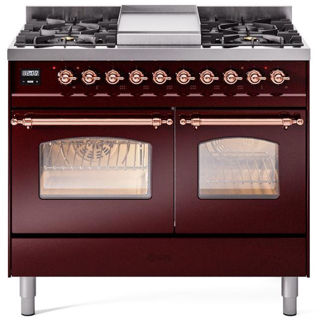 ILVE Nostalgie II 40" Dual Fuel Natural Glass Range, Burgundy, Copper Trim UPD40FNMPBUP ILVE