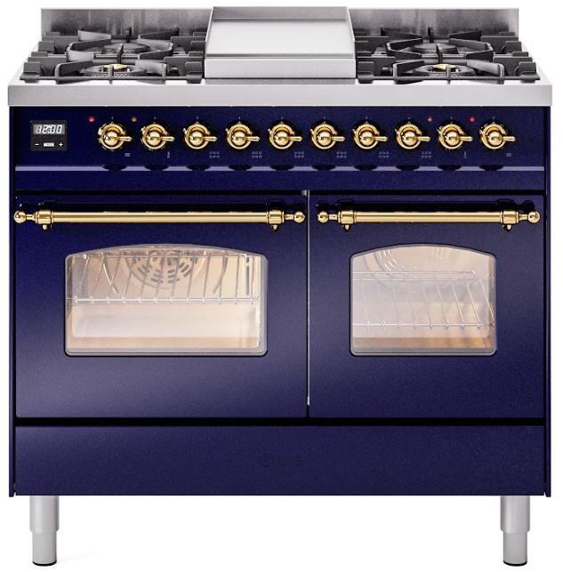 ILVE Nostalgie II 40" Dual Fuel Liquid Propane Range, Blue, Brass Trim UPD40FNMPMBGLP ILVE