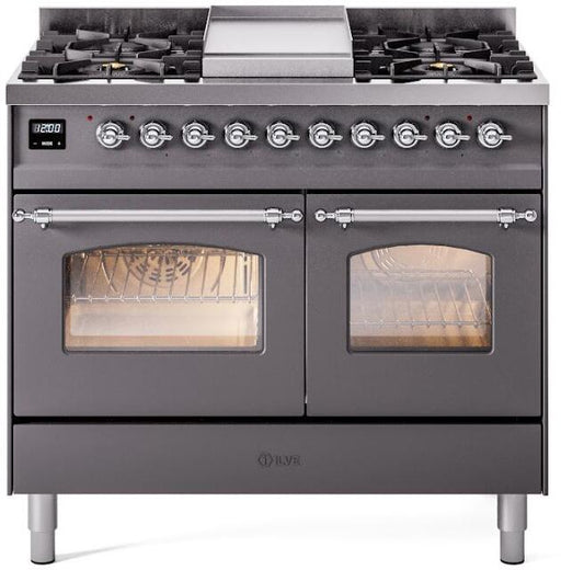 ILVE Nostalgie II 40" Dual Fuel Liquid Propane Range, Matte Graphite, Chrome Trim UPD40FNMPMGCLP ILVE