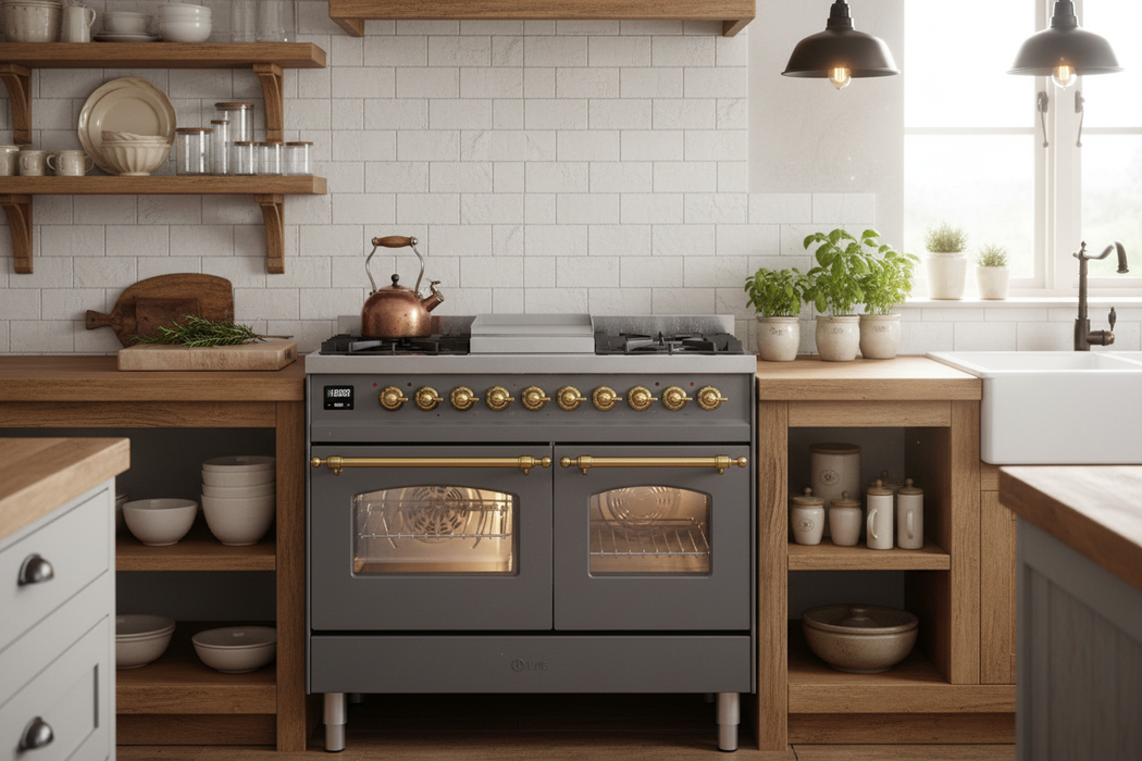 ILVE Nostalgie II 40" Dual Fuel Liquid Propane Range, Matte Graphite, Brass Trim UPD40FNMPMGGLP