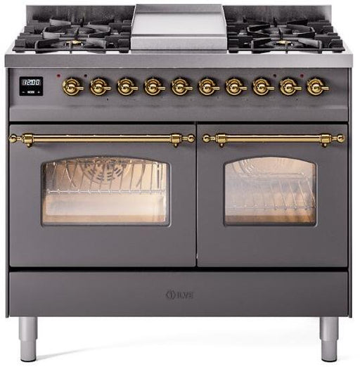 ILVE Nostalgie II 40" Dual Fuel Liquid Propane Range, Matte Graphite, Brass Trim UPD40FNMPMGGLP ILVE