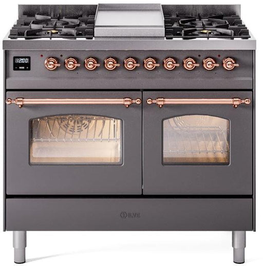 ILVE Nostalgie II 40" Dual Fuel Liquid Propane Range, Matte Graphite, Copper Trim UPD40FNMPMGPLP ILVE
