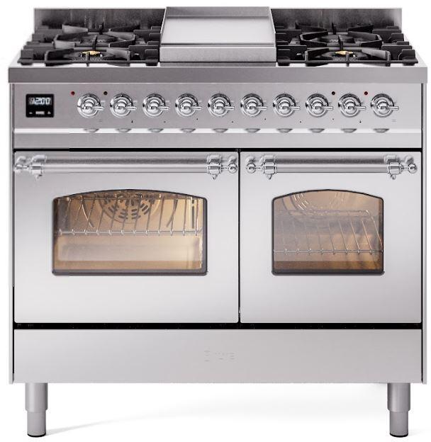 ILVE Nostalgie II 40" Dual Fuel Natural Gas Range, Stainless Steel, Chrome Trim UPD40FNMPSSC