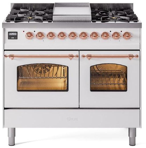 ILVE Nostalgie II 40" Dual Fuel Liquid Propane Range, White, Copper Trim UPD40FNMPWHPLP ILVE