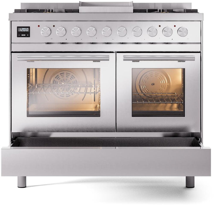 Ilve Professional Plus II 40 Inch Dual Fuel Natural Gas Freestanding Range in Stainless Steel with Trim, UPD40FWMPSS