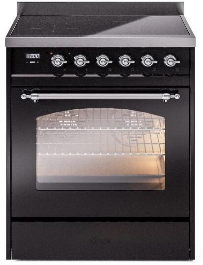 ILVE Nostalgie II 30" Electric Range, Glossy Black, Chrome Trim UPI304NMPBKC ILVE