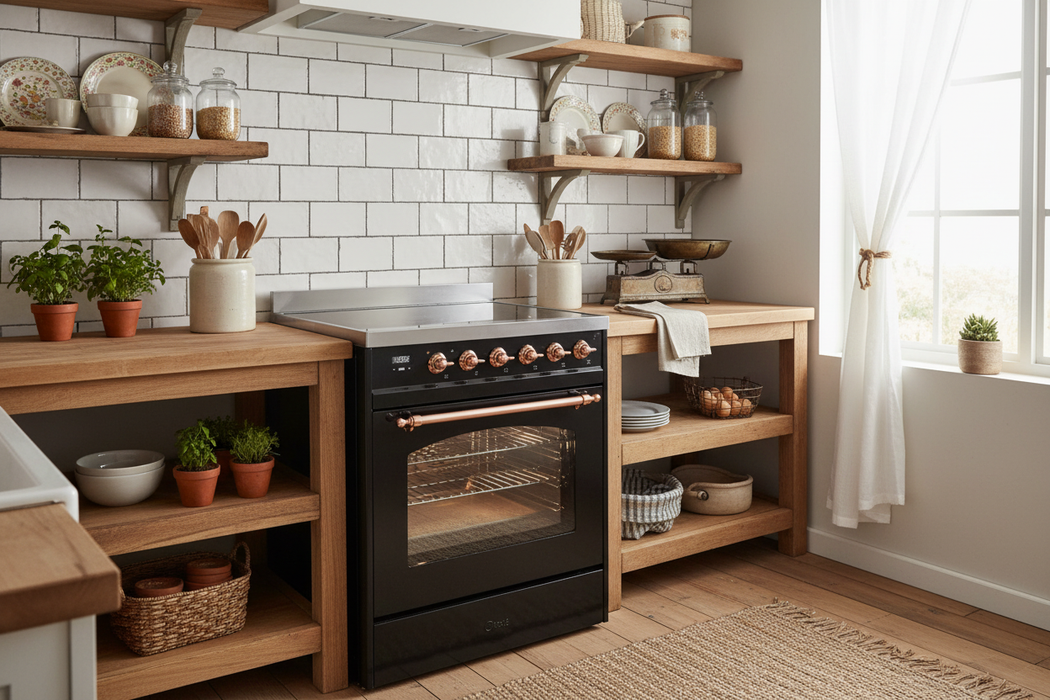 ILVE Nostalgie II 30" Electric Range, Glossy Black, Copper Trim UPI304NMPBKP