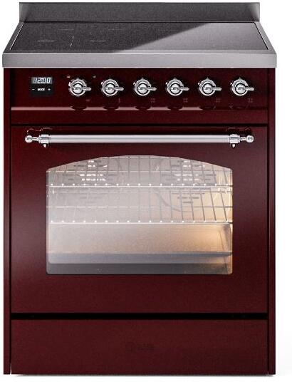 ILVE Nostalgie II 30" Electric Range, Burgundy, Chrome Trim UPI304NMPBUC ILVE