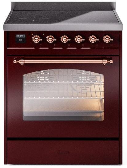 ILVE Nostalgie II 30" Electric Range, Burgundy, Copper Trim UPI304NMPBUP ILVE