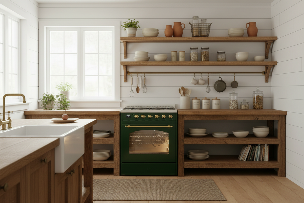 ILVE Nostalgie II 30" Electric Range, Emerald Green, Brass Trim UPI304NMPEGG