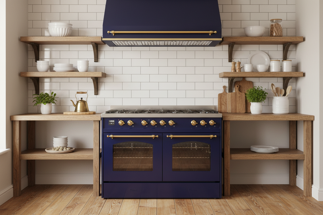 ILVE Nostalgie II 30" Electric Range, Blue, Brass Trim UPI304NMPMBG