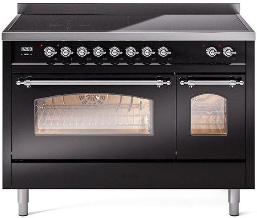 ILVE Nostalgie II 48" Electric Range, Glossy Black, Chrome Trim UPI486NMPBKC ILVE