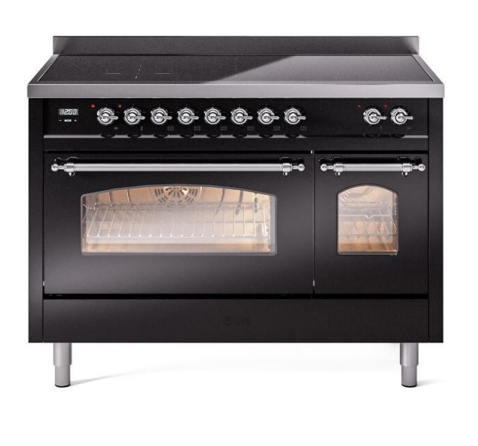 ILVE Nostalgie II 48" Electric Range, Glossy Black, Chrome Trim UPI486NMPBKC ILVE