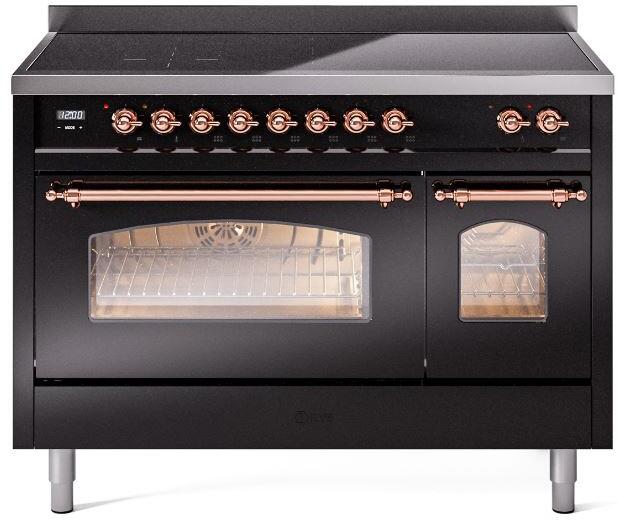 ILVE Nostalgie II 48" Electric Range, Glossy Black, Copper Trim UPI486NMPBKP ILVE