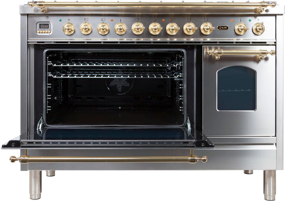 ILVE Nostalgie 48 Inch Dual Fuel Natural Gas Freestanding Range in Stainless Steel with Brass Trim ‎UPN120FDMPI