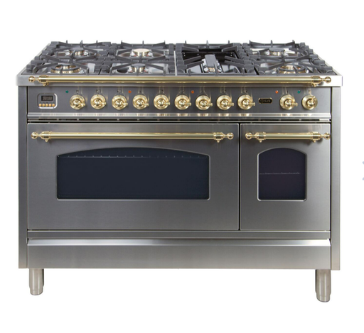 ILVE Nostalgie 48 Inch Dual Fuel Natural Gas Freestanding Range in Stainless Steel with Brass Trim ‎UPN120FDMPI - Farmhouse Kitchen and Bath