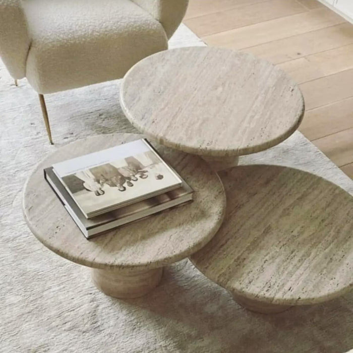 Valencia Travertine Coffee Table Vein-cut Round Set of 3 Polished