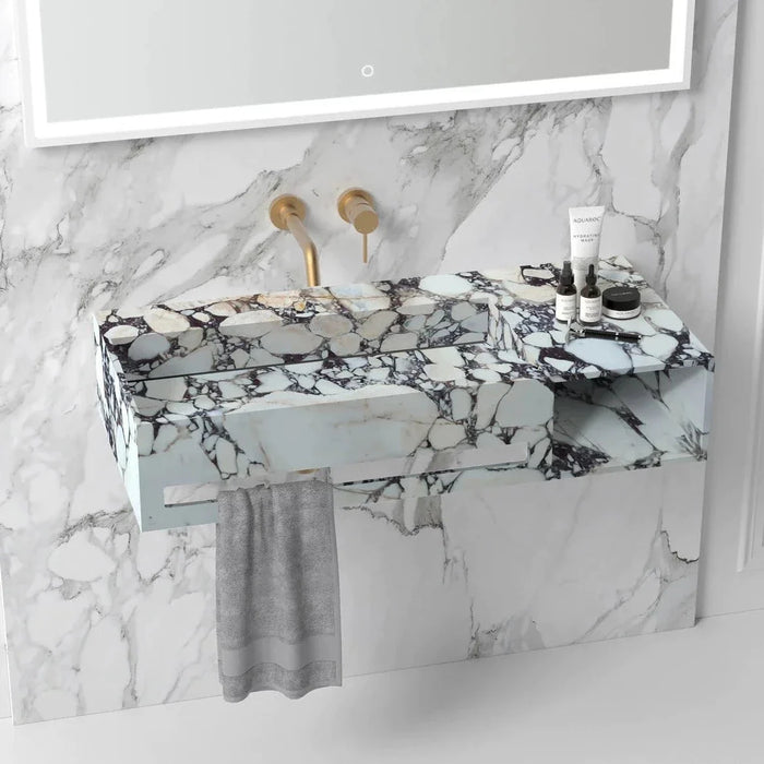 Calacatta Viola Marble Wall-mount Bathroom Sink Hidden Drain with Towel Holder and Shelf