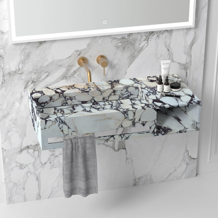 Calacatta Viola Marble Wall-mount Bathroom Sink Hidden Drain with Towel Holder and Shelf CVRHFPS1860S