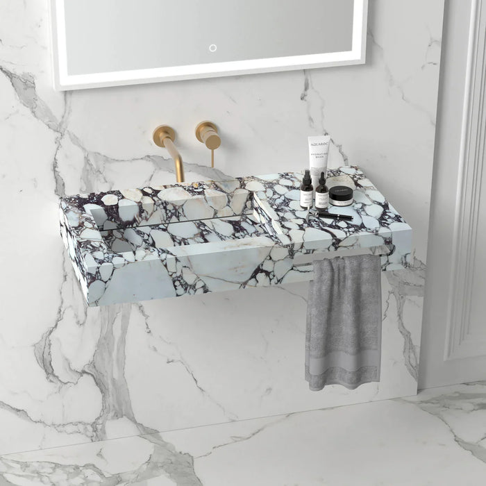Calacatta Viola Handcrafted Marble Wall Mount Bathroom Sink - Hidden Drain Towel Holder
