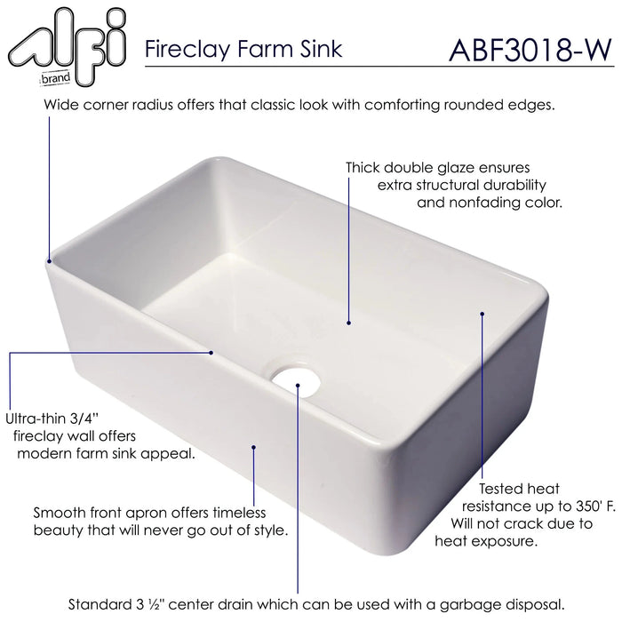 ALFI brand Smooth Apron 30" Single Bowl Fireclay Farm Sink ABF3018