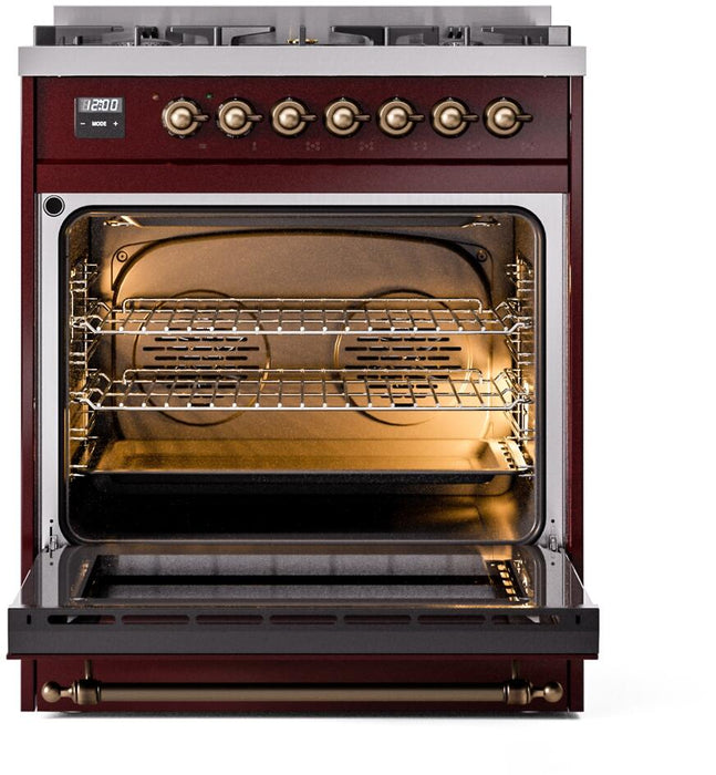 ILVE Nostalgie II 30" Dual Fuel Liquid Propane Range, Burgundy, Bronze Trim UP30NMPBUBLP ILVE