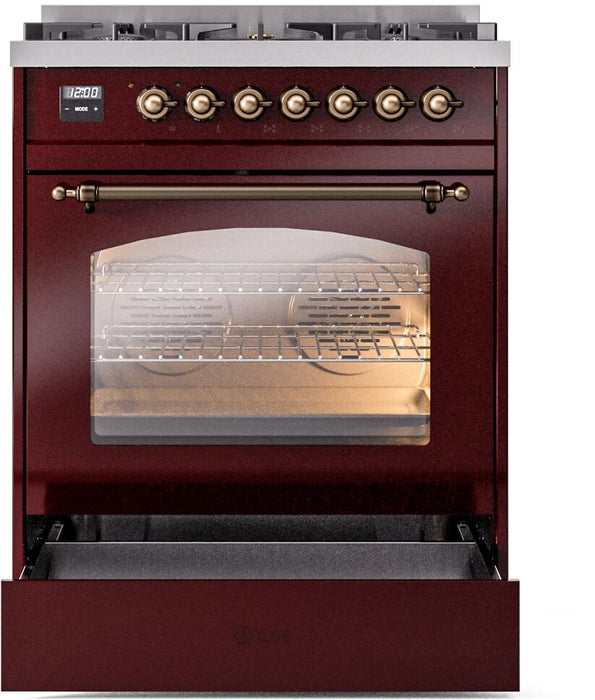 ILVE Nostalgie II 30" Dual Fuel Liquid Propane Range, Burgundy, Bronze Trim UP30NMPBUBLP ILVE