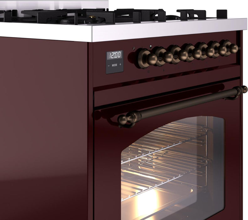 ILVE Nostalgie II 30" Dual Fuel Liquid Propane Range, Burgundy, Bronze Trim UP30NMPBUBLP ILVE