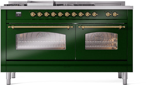 ILVE Nostalgie II 60" Dual Fuel Natural Gas Range, Emerald Green, Brass Trim UP60FSNMPEGG - Farmhouse Kitchen and Bath