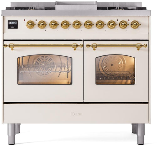 ILVE Nostalgie II 40" Dual Fuel Liquid Propane Range, Antique White, Brass Trim UPD40FNMPAWGLP ILVE