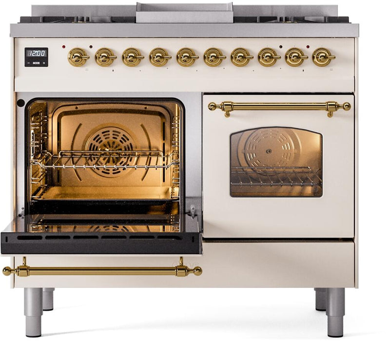 ILVE Nostalgie II 40" Dual Fuel Liquid Propane Range, Antique White, Brass Trim UPD40FNMPAWGLP ILVE