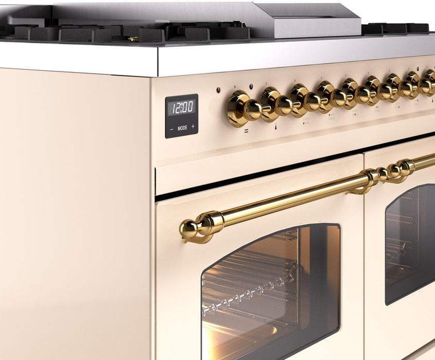 ILVE Nostalgie II 40" Dual Fuel Liquid Propane Range, Antique White, Brass Trim UPD40FNMPAWGLP ILVE