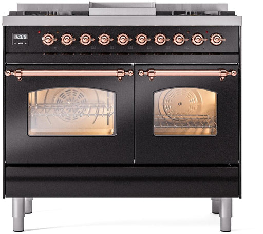 ILVE Nostalgie II 40" Dual Fuel Natural Gas Range, Glossy Black, Copper Trim UPD40FNMPBKP ILVE