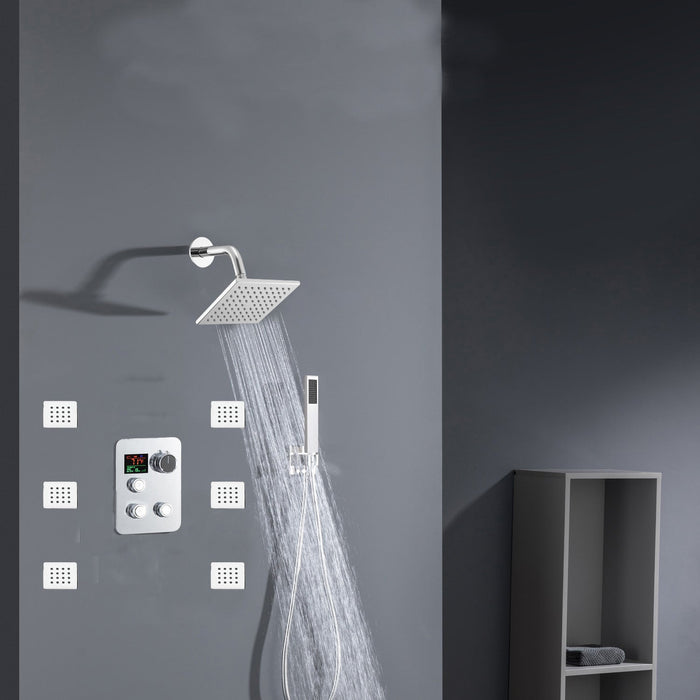 Chrome 12inch LED light or 6 inch regular head Wall mount 3 way thermostatic shower faucet with 6 body jets and sliding bar