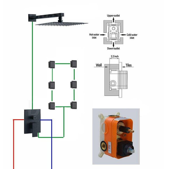 8 inch matte black rain shower system 2 way rough in valve with trim and 6 body jets